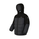 A side view of a black and grey childrens regatta jacket on a white background