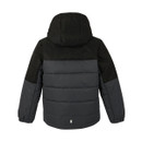 A back view of a black and grey childrens regatta jacket on a white background