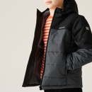 A close up view of a black and grey childrens regatta jacket
