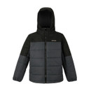 A front view of a black and grey childrens regatta jacket on a white background