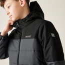A close up view of a black and grey childrens regatta jacket