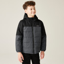 A front view of a black and grey childrens regatta jacket