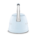 A pastel blue SMEG stovetop kettle from the back