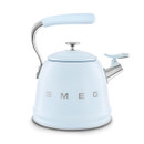 A pastel blue SMEG stovetop kettle from the side