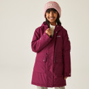 A front view of a dark pink Regatta childrens coat