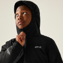 A view of the hood of a black waterproof regatta coat