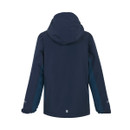 A back view of a navy Regatta Children's waterproof coat on a white background