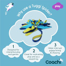 A colourful Tuggi Spider toy for dogs, featuring blue and yellow fleece, promoting interactive play and redirecting biting behaviour.
