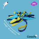 A colourful dog toy with soft fleece strips, measuring 62 cm, displayed on a light blue background with a playful cloud logo.