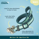 Adjustable, teal fabric with clear bells for attention and a loop for easy attachment.
