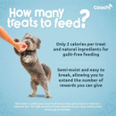 A dog reaching for a treat from a hand, with text promoting low-calorie, natural dog treats that are easy to break and guilt-free.