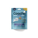 A package of Coachi natural calming treats for dogs, featuring a blue design with a star-shaped treat and labels for turkey and sweet potato flavour.