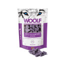 A bag of WOOLF blueberry strips snacks for dogs with a wolf design, showcasing the healthy snack pieces.