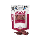 A bag of WOOLF strips of duck snacks for dogs with a wolf design, showcasing the healthy snack pieces.