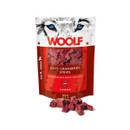 A bag of WOOLF cranberry strips snacks for dogs with a wolf design, showcasing the healthy snack pieces.