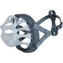 A breathable dog muzzle featuring a clear plastic cage and adjustable straps for comfort and safety during walks or training.