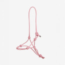 A pink rope halter with intricate knots, designed for animal training or control, displayed against a plain background.