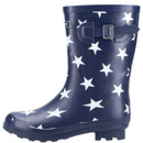 Navy blue rubber rain boot adorned with white star patterns and a side buckle for a stylish, functional look.