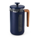The navy stainless steel cafetière with a viewing window and spout.