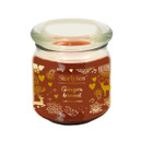 A glass jar candle branded "Starlytes" with a gingerbread scent, adorned with golden festive patterns and a warm reddish-brown wax.
