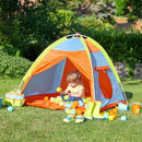 A small colourful tent in a garden, with a child sat inside playing.