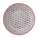 The inside of the bowl with red and blue pattern.