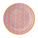 The inside of the bowl with a red patterned design.
