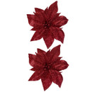 Two sparkling red poinsettia flowers, layered on a white background, showcasing their vibrant petals and glittery texture.