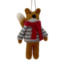 A cute felt fox ornament wearing a grey striped jumper and a bright red scarf, with a white-tipped tail and a friendly expression.