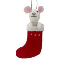 A cute felt mouse peeks out from a red Christmas stocking, adorned with white stars and a hanging string.