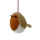 A handmade felted robin ornament, featuring a round body with a brown chest, white belly, and hanging string, against a white background.