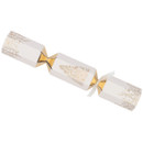 A white Christmas cracker with gold foil detailing, finished with delicate white organza ties.
