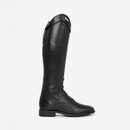 A sleek black leather riding boot with a zip and decorative buttons, facing sideways on a white background.