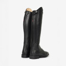 A pair of sleek black leather riding boots with a zip and decorative buttons, facing slightly sideways on a white background.