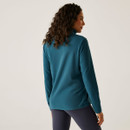 The back of a woman wearing a deep blue fleece.