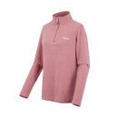 A side view of a dusty pink quarter zip fleece.
