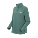 A side view of a deep green quarter zip fleece.