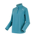 A side view of a light blue half zip fleece.