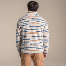 Back view of beige fleece jumper with blue and brown horizontal striped design. Back view of beige fleece jumper with blue and brown horizontal striped design.