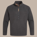 Dark grey quarter-zip pullover on a beige background. The textured fabric and sleek design convey a casual, cosy, and stylish tone.