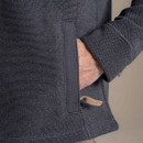 Detail of pocket on dark grey fleece pullover with stitched trim and hand inside.