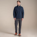 Outdoor lifestyle look with navy Craghoppers fleece paired with grey walking trousers and hiking shoes.