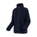 A side view of a navy fluffy fleece with a diamond quilted design.