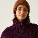 A close up view of the high neckline and full zip design.