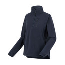 A side view of a navy half zip fleece.