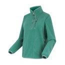 A side view of a green half zip fleece.