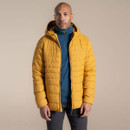 Front view of mustard yellow hooded jacket for men with quilted design, paired with a blue mid-layer and grey trousers.