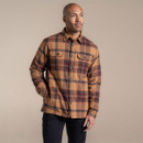 Man wearing a tan and red check flannel jacket with button fastening and chest pockets.