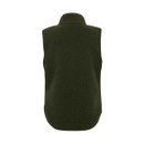 The back of a dark khaki coloured borg gilet.