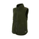 A side view of a dark khaki coloured borg gilet.